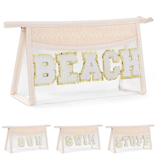 Etercycle Boho Patch Makeup Bag, Clear PVC Travel Toiletry Bag Waterproof Beach Bags for Women, Small Chenille Letter Bag with Zipper for Beach Travel Essentials (Beach)