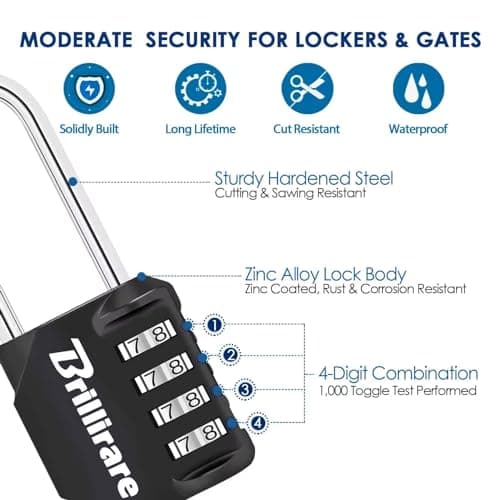 Brillirare Combination Lock, 4-Digit Padlock 2.3 Inch Long Shackle, Waterproof Zinc Alloy Outdoor Travel Luggage Locks Keyless for Backpack, Gym Locker, Hasp, Fence, Gate, Case, Toolbox-Black — view 5
