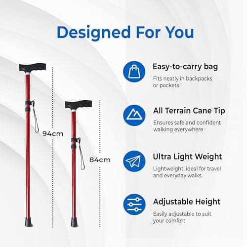Life Healthcare Folding Walking Stick, Adjustable Aluminium Cane, Red — view 5