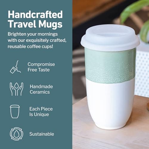 NOVA CERAMICS Travel Mug On The Go Coffee Tumbler Microwave & Dishwasher Safe Green Tumbler - Gifts for Women Men Him Her 475ml Sage — view 2