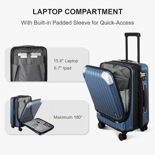 LEVEL8 Carry-on Suitcase 20-Inch, Expandable 4 Wheel Cabin Luggage, ABS+PC Hardshell Spinner Trolley Lightweight with Laptop Compartment, TSA, Blue — view 3
