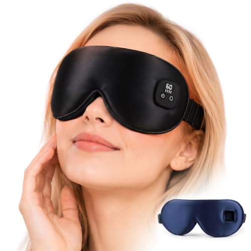 Cordless Silk Heated Eye Mask, Electric Warm Eye Compress with 4 Heat Levels 4 Time Settings, 1000mAh Rechargeable Heated Eye Pad with 2 Detachable & Washable Covers (Black, Navy Blue)