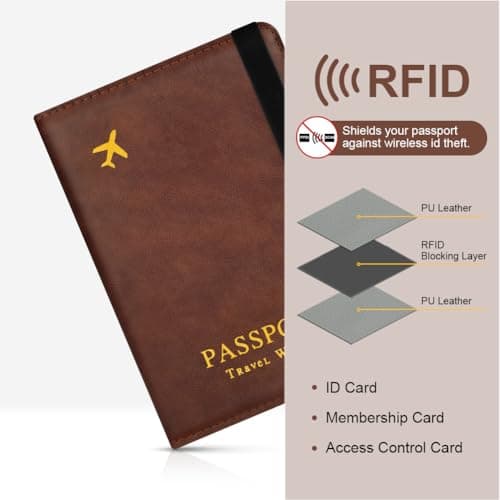 AOOSU Airtag Wallet Passport Holder Cover, PU Leather Passport Cover with RFID Blocking Travel Wallet, Portable Universal Travel Wallets Case Organiser for Money, Boarding Passes, Credit Cards Brown — view 6