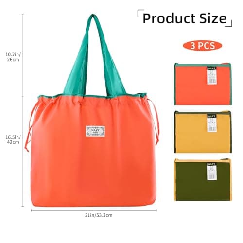 Nexlynk 3Pcs Foldable Reusable Shopping Bags 42x53 cm, Large Waterproof Tote Drawstring Shopper Washable Nylon Grocery Bags for Travel Beach Daily Use Women Mom (Orange Green Yellow) — view 2