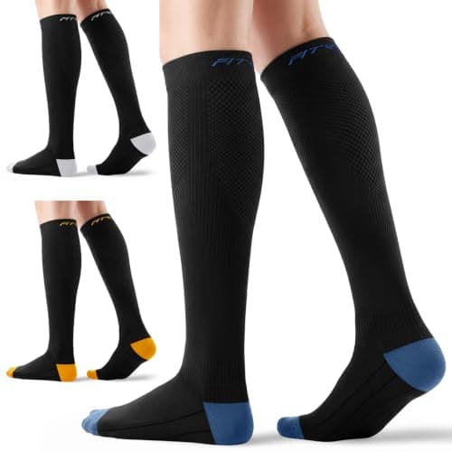FITRELL 3 Pairs Compression Socks for Women and Men 20-30 mmHg Travel Flight Socks Medical Knee High Socks for Sport, Flying, Carers, Nurse, Pregnant Women, Varicose Veins, White+Orange+Blue, L/XL — view 5