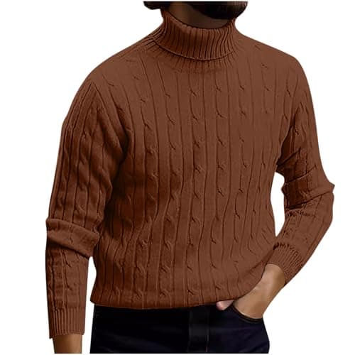 XMWSPO Men's Cable Knit Turtleneck Sweater,Long Sleeve Warm Sweatshirt