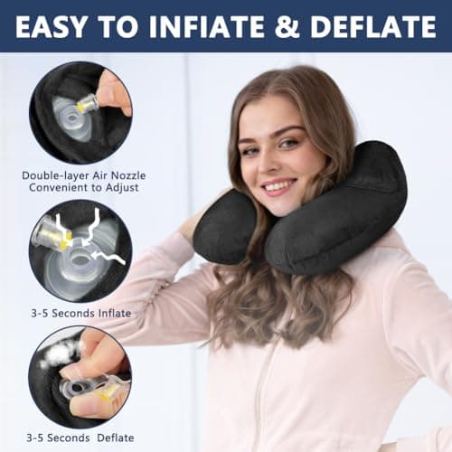 flintronic Inflatable Travel Pillow, Inflatable Travel Pillow for Airplane, Soft Velvet Neck Support, Lightweight Ergonomic Sleeping Neck Pillow for Airplane, Car, Train, Office, Camping (Black) — view 5