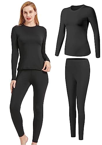 UNIQUEBELLA Womens Thermal Underwear Set,Crew Neck Long Sleeved Base Layer Top & Leggings Multifunctional Home Thermal Base Layers for Sports Skiing Black