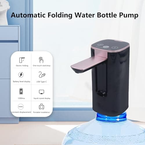 HUAPPNIO Electric Water Bottle Pump Rechargeable Water Dispenser Autofolding Spout Smart Portable USB Charging for Kitchen Office Home Camping Bedroom Campervan Black — view 2
