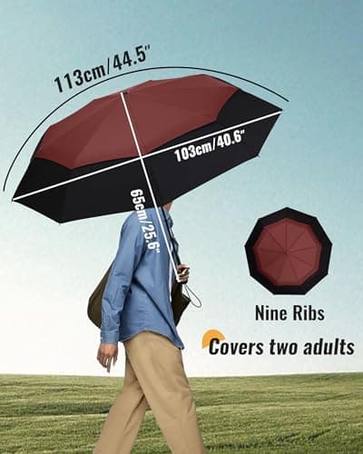 Chakipee Compact Travel Umbrella Windproof Strong- Automatic Folding Umbrellas for Wind and Rain, Double Vented Canopy 210T Fabric 102cm Span - 9 Ribs Portable Umbrella for Men and Women Red — view 3