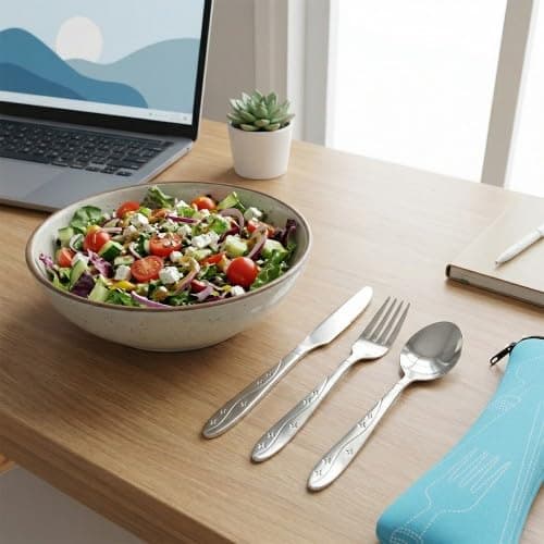 3-Piece Camping Cutlery Set with Portable Pouch - Stainless Steel Travel Knife Fork Spoon Set with Neoprene Case for Outdoor Picnic, Hiking, Office Lunch, School - Sky Blue — view 3