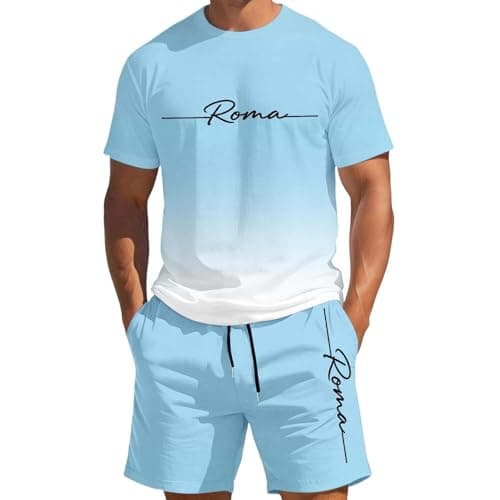 Mens Shorts Set Summer Beach Tracksuits Casual Short Sleeve Muscle Tee Shirts and Classic Fit Sport Shorts Set Tracksuit Sportwear Suits 2 Piece Travel Airport Outfits Jogging (#001 Light Blue,XXS)