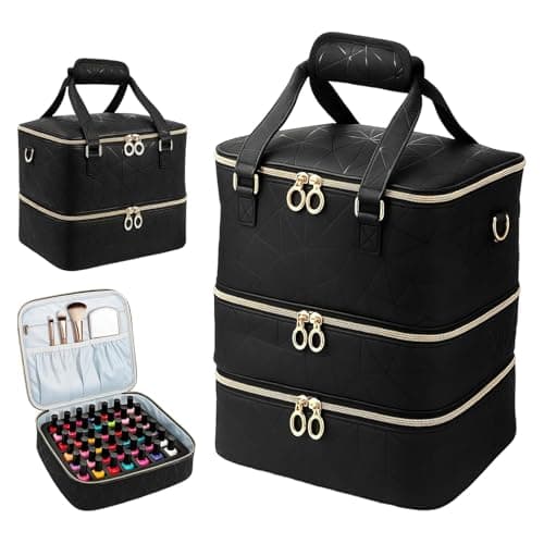 WinHUb Nail Polish Organizer Bag, 3-Tier Large Capacity Nail Storage Case Holds Up to 60 Bottles, PU Leather Manicure Organizer with Shoulder Strap for Nail Lamp & Nail Tech Supplie