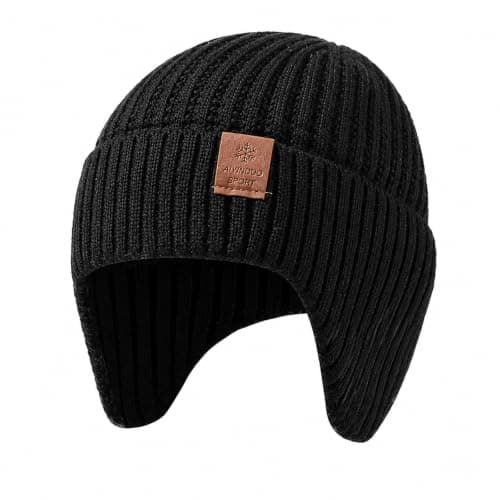 Beanie Hat Men with Ear Covering, Winter Hats for Men, Wooly Style Cap, Thermal Hat Mens Fleece Lined, Warm Ribbed Knit Headwear for Outdoor Travel & Daily Wear Black