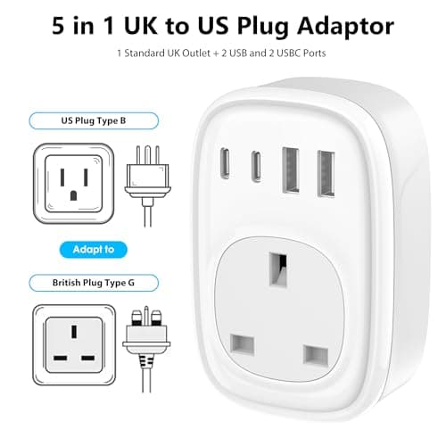UK to US Plug Adaptor - UK to US Plug Adapter 40W USA Travel Adapter for American Canada Thailand Mexico Colombia 4 in 1 USBC Fast Charger with USB C Port for Phone Pad (Type B) Tusreda — view 2
