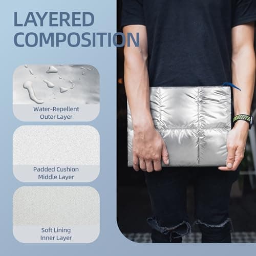 BAAGOAZ 15-16 Inch Puffy Laptop Sleeve Quilted Metallic Silver MacBook Case — view 3