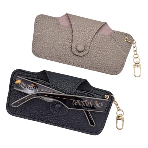 JiaaOne 2Pcs Slim Glasses Case -Leather Glasses Case with Keychain for Bags, Sunglasses Case for Women Men, Travel Business Gift (Black & Khaki)