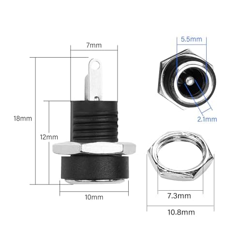 PNGKNYOCN 10 Pack DC Power Jack Panel Mount Connector,DC 5.5mm x 2.1mm Female 2 Pin Solder Type Power Jack Socket Panel Mount Connector — view 6