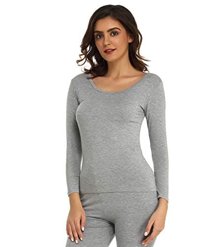 Mcilia Women's Ultrathin Modal Round Neck Long Sleeve Thermal Top/Shirt Grey Small (UK Size 6 8 10)