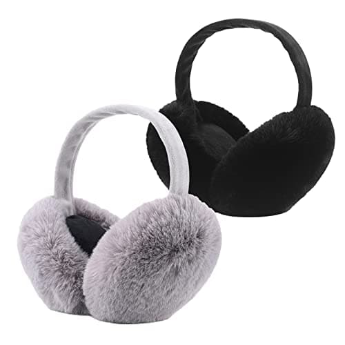 IHCEMIH Ear Muffs, Women Earmuffs Winter Accessories Fluffy Plush Foldable Adults Outdoor Thermal Ear Warmer Skiing Running Ears Covers Protector from Wind Cold Ladies Fashion Gift 2 Pack Grey Black