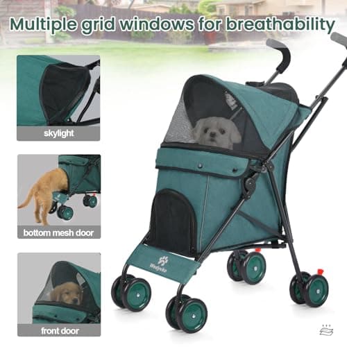 Umbrella Dog Strollers, Pet Pushchairs for Small/Medium Dogs and Cats, Puppy Stroller with Breathable Mesh, 4 Wheels with Universal Front Wheels, Lightweight Carts for Outdoor Travel (Dark Green) — view 2