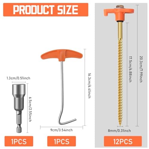 12 Pack Heavy Duty Metal Tent Pegs, 7.8in chRotating Rock Pegs with Thread, Ground Anchors for Camping, Includes Drill Adapter & Nail Puller, Durable Steel Stakes for Garden, Canopies,Lawns -Orange — view 2