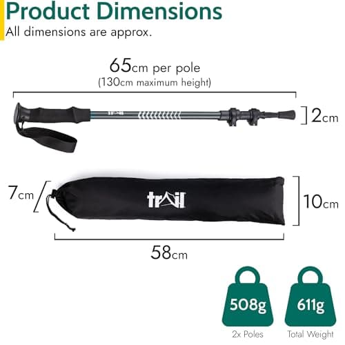 Trail Telescopic Walking Poles, 2 Pack, Adjustable 65–135cm, Teal — view 6