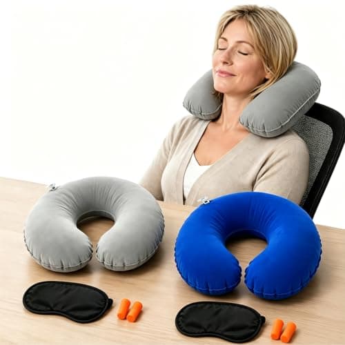 ABinCHAOBang 2 Sets Inflatable Travel Neck Pillows, Compact Neck Support Pillow for Adult and Kids, Foldable/Portable Travel Necks Pillow for Airplane Trains Car and Office (Blue, Gray)
