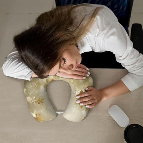AUGUSTRUSH Memory Foam Neck Pillow - Travel Pillow With Adjustable Clasp, Removable Washable Cover For Airplane Office Car, Ergonomic Support Comfortable U-Shaped Pillow, Gold Silk Christmas Print — view 6