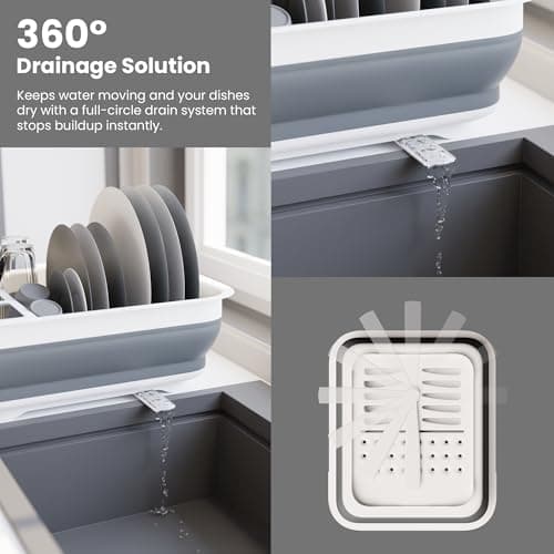 Knight Collapsible Dish Drainer Rack – Foldable Dish Drying Rack With Cutlery Divider, Compact Kitchen Storage Dish Rack For Plates, Cups & Bowls, Space Saving For Home, Camping & Caravans (Grey) — view 3