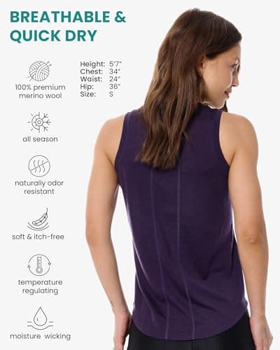 Merino.tech Women’s Merino Wool Tank Top - Active Lightweight Undershirt Moisture Wicking Breathable Base Layer (Medium, Dark Purple Highneck) — view 2
