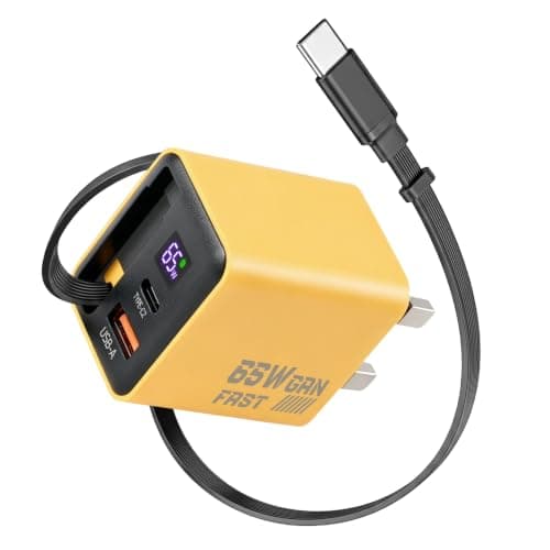65W USB C Charger, 3-Port GaN Fast Charging Plug with 0.6m Retractable Cable & LED Display, Compatible with MacBook, iPhone, iPad, Galaxy, Laptops, Tablets, Steam Deck, Yellow