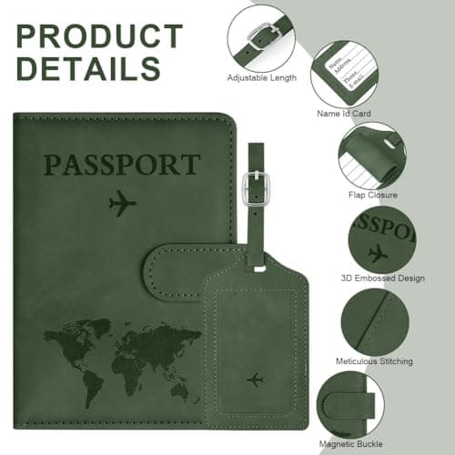 OFFCUP Passport Holder Cover, PU Leather Passport Cover and Luggage Tag Set with RFID Blocking Travel Wallet, Universal Travel Wallet Case Organiser for Money, Boarding Passes, Credit Cards Green — view 3