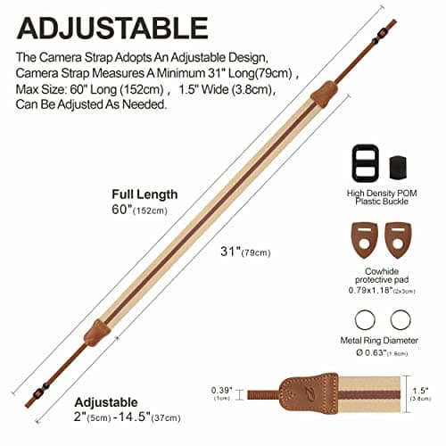 Padwa Lifestyle Beige Brown Stripe Camera Strap - 1.5" Wide Crazy Horse Cowhide Ends Camera Straps for All DSLR Cameras,Universal Adjustable Pure Cotton Woven Strap,Great Gift for Photographers — view 5