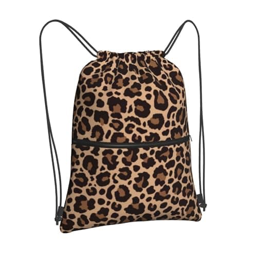 Newhomestyle Leopard Printing Drawstring Backpack Bag, Cheetah Outdoor Sport Gym Sackpack, Durable Zipper Waterproof Beach Bag, Adjustable Lightweight String Bag for Women Men