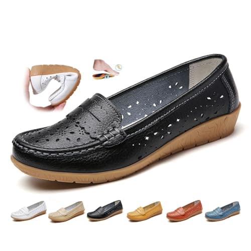 Women's Orthopedic Loafers in Breathable Leather, Genuine Leather Moccasins Shoes Soft Sole Casual Wide Fit Work Office Nursing Shoes (Black,39EU)