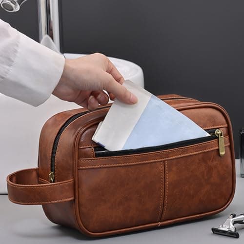 Ethlomoer Leather Toiletry Bag for Men – Brown High-Capacity Waterproof Toiletry Bag with Compartments, Travel Wash Bag for Men, Contrast Color Design — view 3