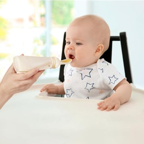 PandaEar 3 Pack Reusable Baby Food Pouches with Spoon Attachments & Filling Funnel – Silicone Squeeze Feeder for Weaning – Refillable Yoghurt & Puree Storage 150ml/5.5oz (Pink/Linen) — view 3