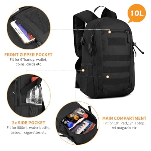Explokit Small Tactical Backpack 10L 20L 30L Military Rucksack Water Repellent Molle Student School Daypack for Trekking Travelling Hiking Camping (#10L-Camo Green) — view 3