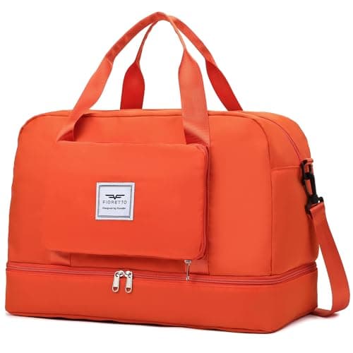 FIORETTO Womens Foldable Weekend Bag Overnight Hospital Bag with Shoes Compartment & Wet Pocket, Water Resistant Gym Bag Duffle Bag Travel Bag Holdall for Women Men Orange