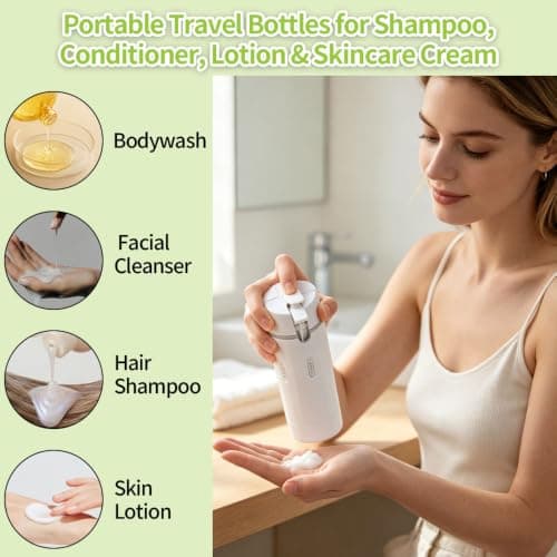 NKFBEV Travel Dispenser Bottles, 4 in 1 Travel Bottles for Toiletries, Portable Leak Proof Refillable Travel Containers with Scale & Label for Lotion Liquid Shampoos Conditioner Cream (White) — view 5