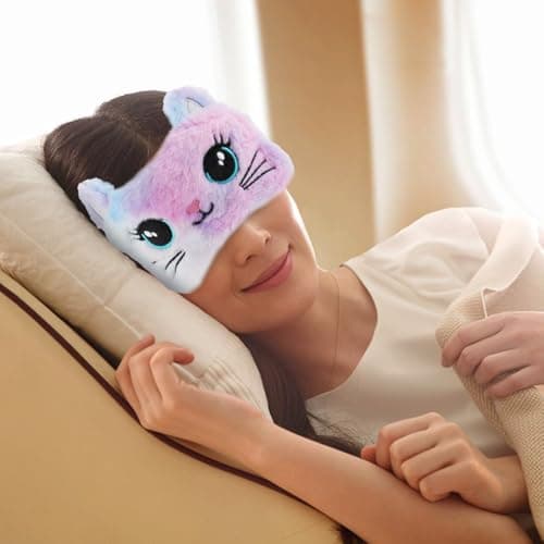 Wanmu 2pcs Sleep Mask Kids Colorful Fuffy Plush Eye Masks for Sleep Kids Soft Sleeping Eye Shade Cute Animal Night Blindfold Eye Cover for Women Men Girls Home Travel Nap Gift (Cat) — view 4