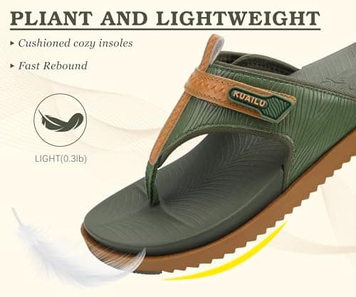 KuaiLu Womens Orthopedic Flip Flops Comfort Cushion Arch Support Sandals Summer Flat Lightweight Beach Pool Walking Sandles Trendy Outfit Adjustable Ladies Plantar Fasciitis Slides Green Khaki 7 — view 5