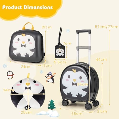 GYMAX 4Pcs Kids Luggage Set, 10” Backpack & 14” Children Hardshell Suitcase with Wheels, Neck Pillow & Name Tag, Toddler Carry On Luggage Set for Travel School (Black+White) — view 6