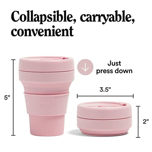 STOJO On-The-Go Collapsible Coffee Cup - 12oz / 355ml - Reusable & Foldable Silicone Travel Mug with Lid - Portable, Pocket Size - Dishwasher Safe - Carnation — view 6