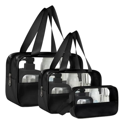 Aucuu 3PCS Clear Toiletry Bag, Wash Bag, Clear PU Makeup Bags, Waterproof Toiletry Travel Bags with Zipper Handle, Portable Airport Cosmetic B-ag for Travel Bathroom Men Women (Black)