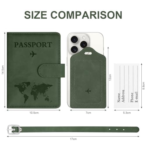 OFFCUP Passport Holder Cover, PU Leather Passport Cover and Luggage Tag Set with RFID Blocking Travel Wallet, Universal Travel Wallet Case Organiser for Money, Boarding Passes, Credit Cards Green — view 2