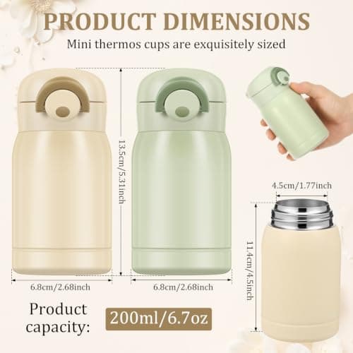 2PCS Small Insulated Water Bottle 200ml Mini Flask with Push-Button Lid, Leakproof Stainless Steel Vacuum Travel Cup for Coffee, Milk, School, Office & Handbag (Light Green/Beige) — view 2