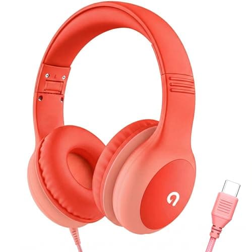 ADOOPE Wired Kids Headphones with USB C Plug, 85dB Safe Volume, Adjustable Headband, Tangle-Free Cord Headphones for School, Tablet, Travel (Coral Red & Soft Peach, Without Microphone)