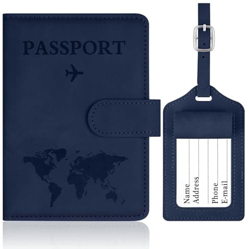 OFFCUP Passport Holder Cover, PU Leather Passport Cover and Luggage Tag Set with RFID Blocking Travel Wallet, Universal Travel Wallet Case Organiser for Money, Boarding Passes, Credit Cards Dark Blue